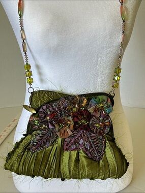 MARY FRANCES BEADED GREEN SILK,   FLORAL APPLIQUÉ AND FRINGE   CROSSBODY bag
